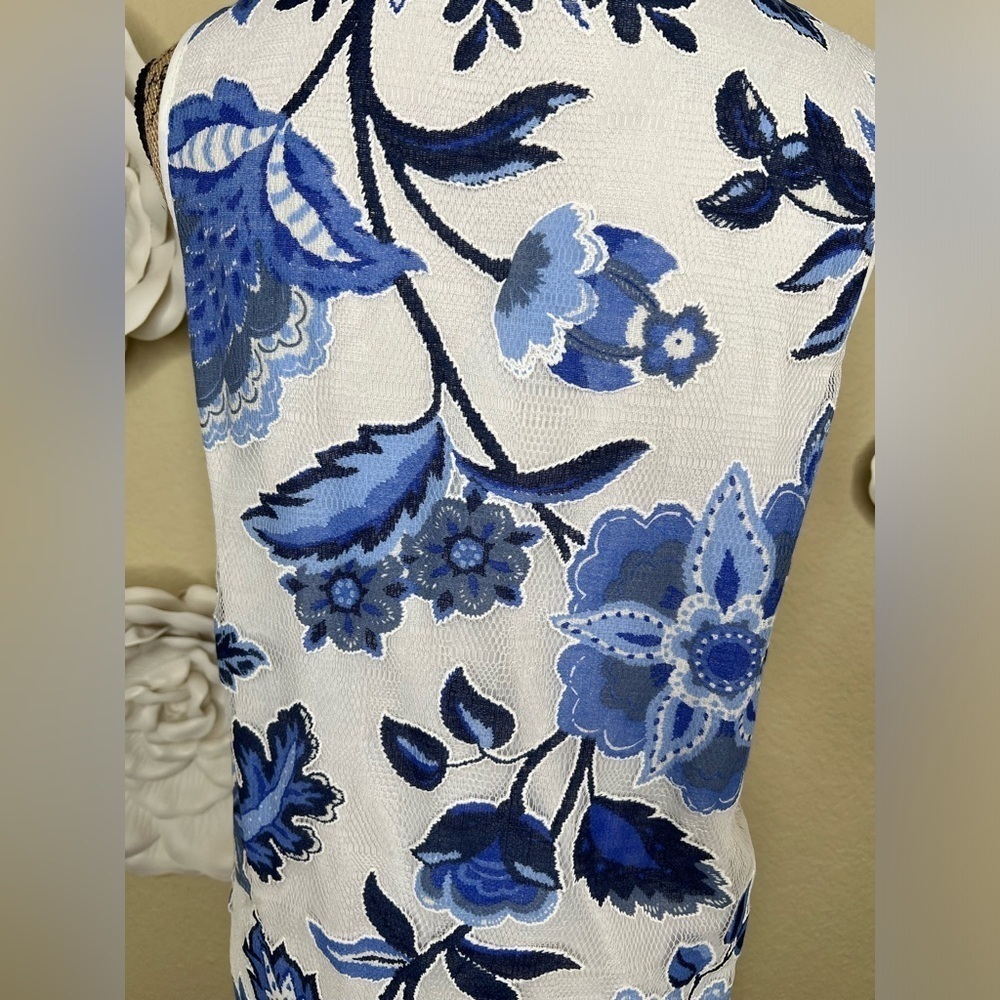 Entro Sleeveless White & Blue Floral Pom Pom Hemline Dress Size Large - Picture 13 of 13